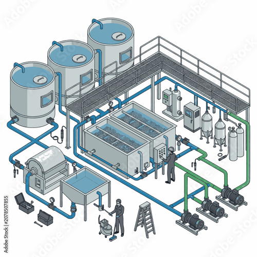 Industrial water treatment plant with tanks, pipes, pumps, and workers.