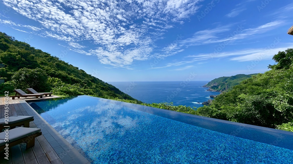 Fototapeta premium Scenic infinity pool with view of the mountains and sea