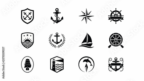 Schilderij op canvas Elegant nautical themed icons showcase vintage ship motifs lighthouse dolphin an