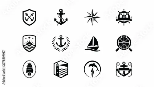 Fototapeta samoprzylepna Elegant nautical themed icons showcase vintage ship motifs lighthouse dolphin and compass for travel branding