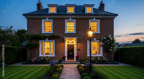 Elegant Victorian House Exterior at Night with Illuminated Windows and Well-Maintained Lawn.