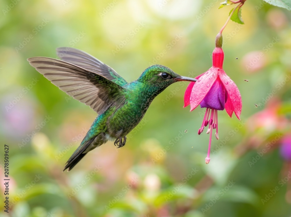 Fototapeta premium Vibrant Green Hummingbird Sipping Nectar from a Fuchsia Flower in Soft Sunlight.