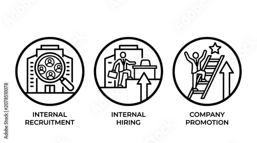 Internal recruitment hiring company promotion process icons with human resources career path magnifying glass human capital black and white business process hiring manager hiring strategy