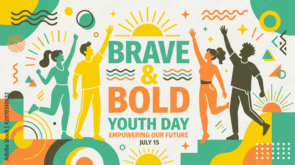 Fototapeta premium Young people celebrate together in this vibrant graphic design illustration that promotes empowerment and global youth day festivities.