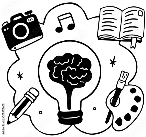 Doodle illustration of creative brain lightbulb surrounded by art camera music and book icons