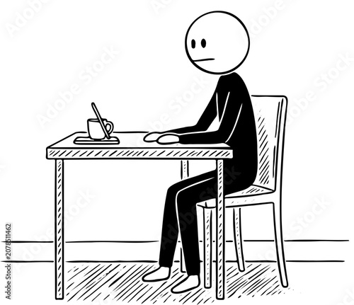 Stick figure man sitting at a table with a cup of coffee and looking bored
