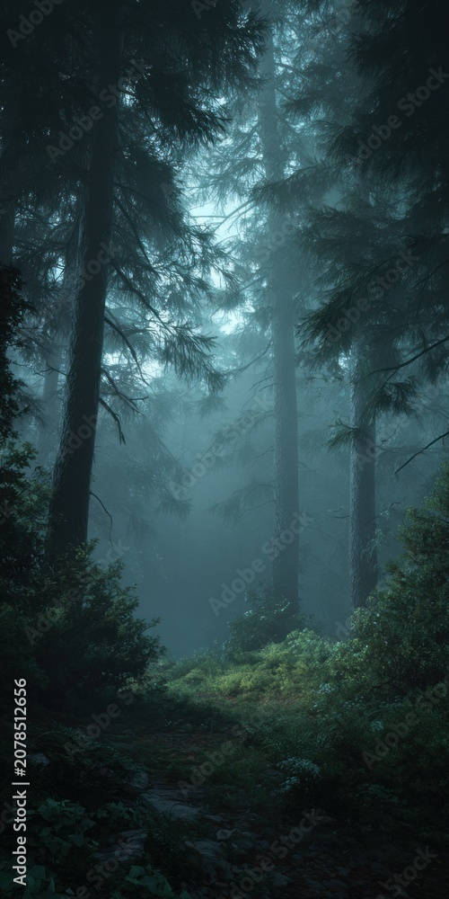 Obraz premium Mysterious forest scene with tall trees shrouded in mist and filtered sunlight effects