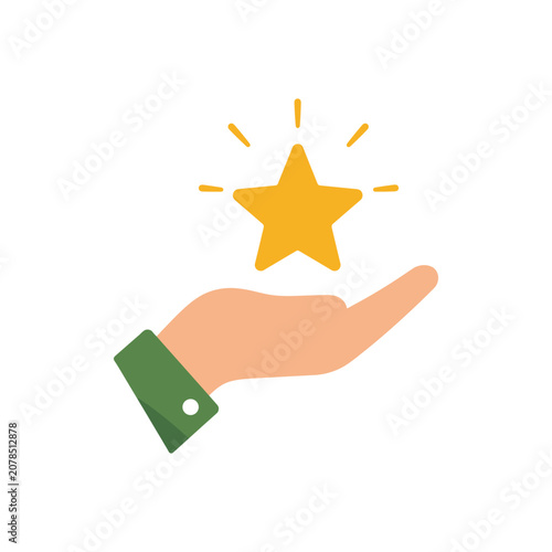 Flat illustration of hand presenting shining yellow star icon.