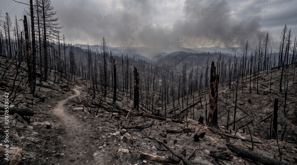 Obraz premium Burned forest landscape after a devastating wildfire, blackened tree trunks, ash-covered ground, smoky horizon, environmental destruction concept