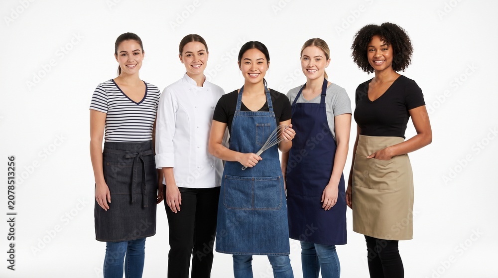 Fototapeta premium Five multiethnic women smile together in professional kitchen aprons and chef uniforms, representing a diverse culinary or restaurant crew against a white background.