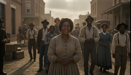 Joyful African American Woman Celebrating Juneteenth in a Historical Town