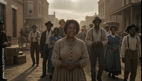 Joyful African American Woman Celebrating Juneteenth in a Historical Town