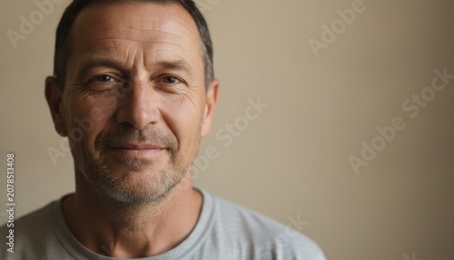 Authentic portrait of a mature man with a gentle and thoughtful expression.