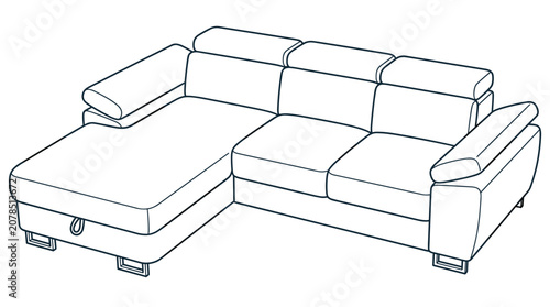 Modern blue outline sectional sofa with chaise lounge on transparent background for home furnishing designs.
