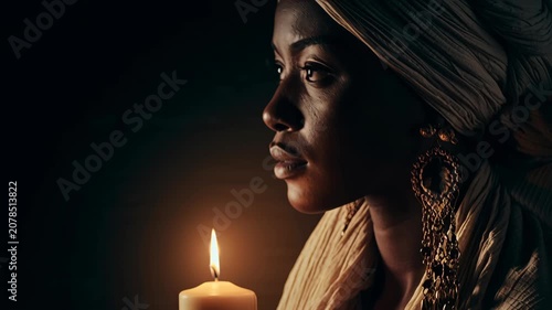 African American woman holding a glowing candle in a dark room at night