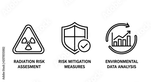 Risk assessment and environmental data analysis icon set for industrial monitoring with radiation analysis environment assessment management industrial protection security statistics research
