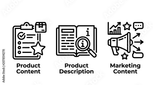 Product and marketing content development line icon set with marketing description business advertising strategy clipboard megaphone checklist information promotion communication branding
