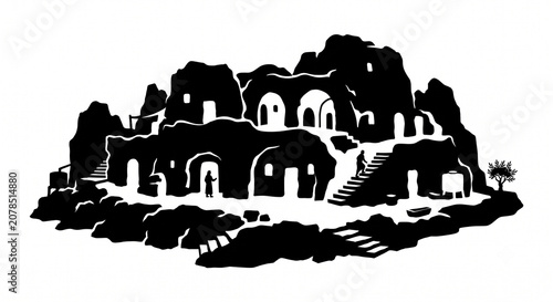 A silhouette of people living in a cave house, isolated against a plain white background.