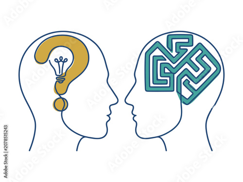 An abstract representation of two heads facing each other, one with a light bulb and the other with a maze pattern, symbolizing creativity and problem-solving interactions.