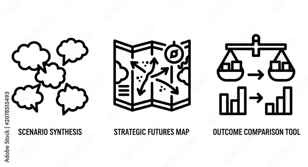 Fototapeta premium Business strategic planning icon set featuring scientific synthesis strategic futures map and outcome comparison tool business strategy planning analysis development management synthesis