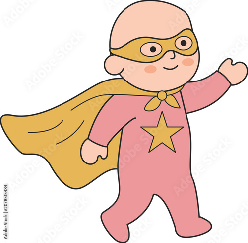 Photos Cute baby superhero cartoon character wearing a mask, cape, and star costume in a simple flat vector style