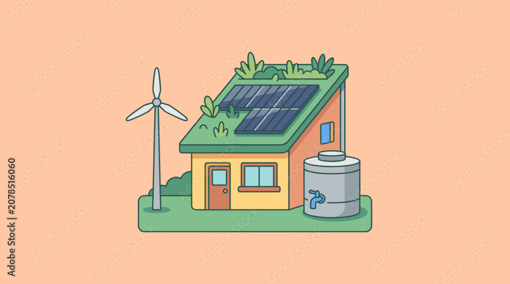 Fototapeta premium Eco Friendly Sustainable House Vector Illustration with Solar Panels and Wind Turbine