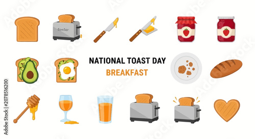 National Toast Day breakfast icons set.