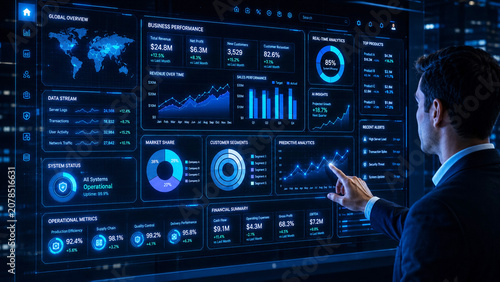 Business executive analyzing AI-powered analytics dashboard with real-time KPIs, financial insights, predictive trends, and enterprise performance.