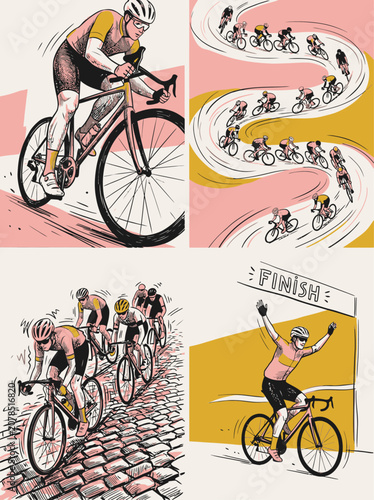 Dynamic illustrations of cyclists competing in a race, showcasing speed and determination