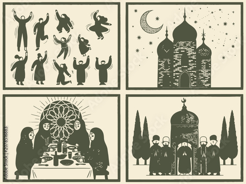 Celebrating Diversity A Collage of Joyful People, Islamic Architecture, Family Gatherings, and Community Life