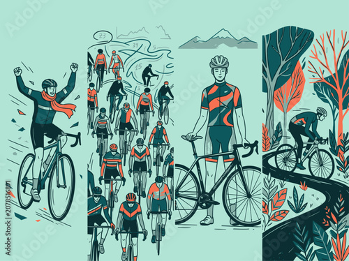 Energetic cyclists race through scenic routes and festive finish lines in this vibrant illustration series