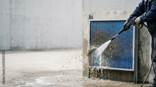 Industrial worker cleaning a filter screen with high pressure water
