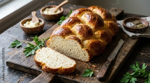 Freshly baked homemade braided challah bread, sliced on a rustic wooden cutting board with butter and herbs in a moody kitchen setting.