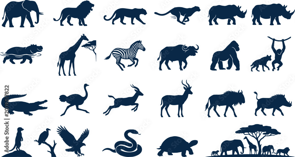 Obraz premium African Safari Wildlife and Savannah Animal Silhouette SetAfrican Safari Wildlife and Savannah Animal Silhouette Set