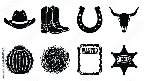 Cuadro en lienzo Wild West cowboy silhouette vector clipart set with hat boots horseshoe sheriff
