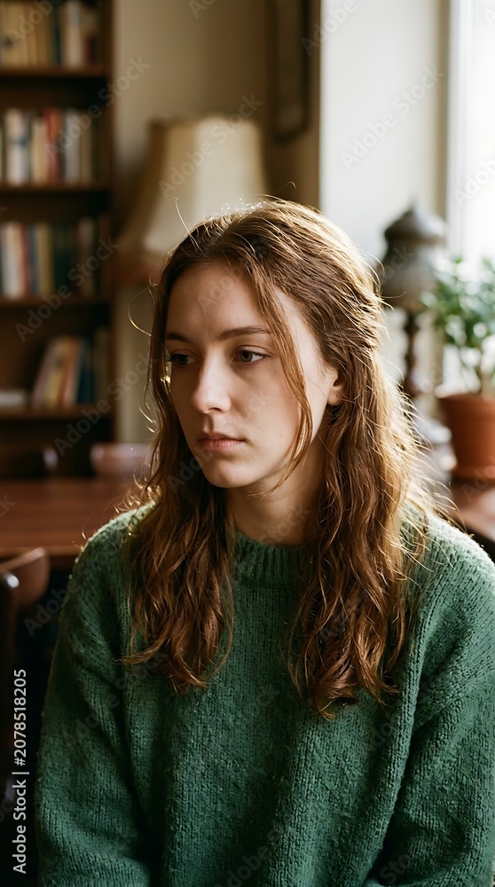 Obraz premium Thoughtful young woman in green sweater sitting in a cozy library