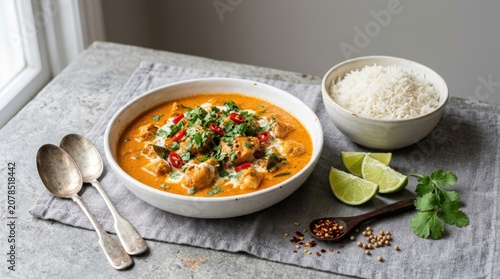 Vibrant creamy orange chicken curry served with fluffy white rice and fresh lime wedges
