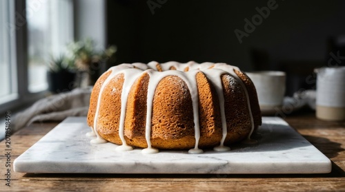 A delicious golden bundt cake with white sugar glaze icing dripping down onto a marble board and rustic wooden table in a bright kitchen setting.