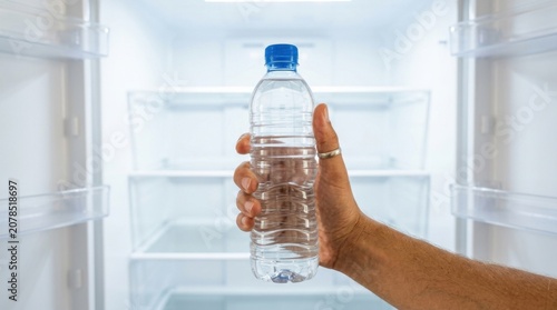 A person's hand holding a refreshing plastic bottle of cold mineral water inside an empty white refrigerator with bright LED light for hydration.