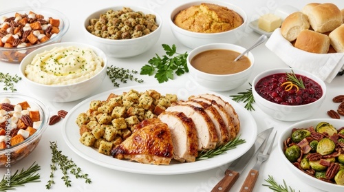 A traditional Thanksgiving dinner featuring sliced roast turkey, stuffing, mashed potatoes, gravy, cornbread, and cranberry sauce