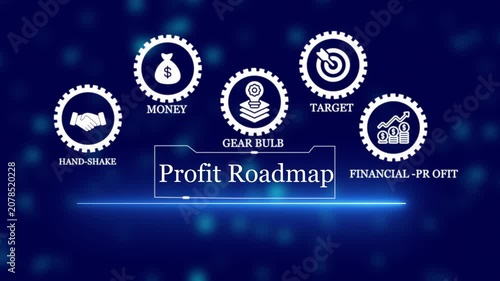 Profit roadmap business strategy infographic with financial growth and gear animation finance