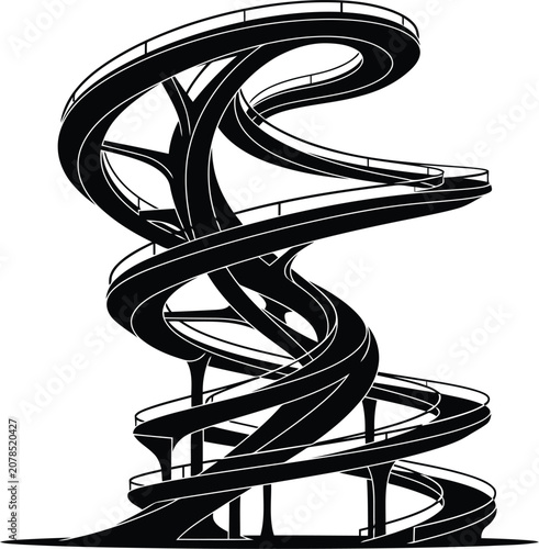 Photography Abstract Black and White 3D Spiral Ribbon Sculpture Isolated on White Background