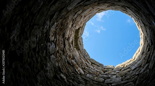 View from inside a deep stone well looking up at the blue sky