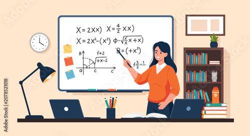 Female teacher explaining mathematical equations on a whiteboard in a classroom setting.
