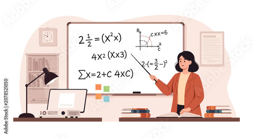 Teacher Explaining Mathematical Equations on a Whiteboard.