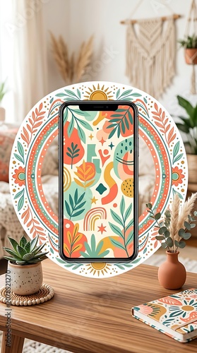 Smartphone displaying abstract nature art in a stylish boho interior