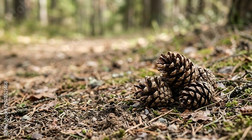 Brown pine cones on the forest floor in natural light