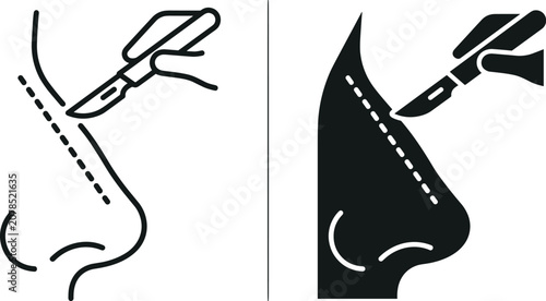 Cuadro en lienzo Nose surgery plastic face profile icon set with scalpel and dotted cutting line