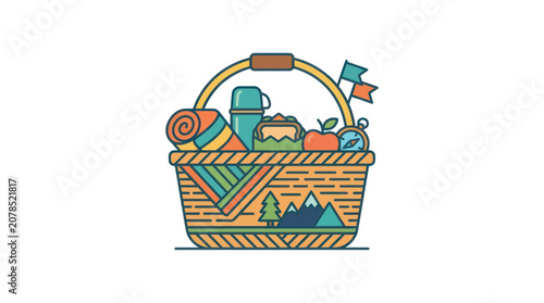 Canvastavla Colorful picnic basket with food.