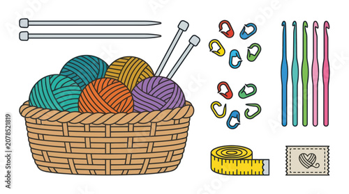 Fotografie Colorful Yarn Balls in Woven Basket.